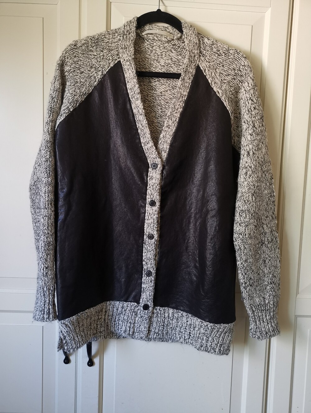 Ksubi Lambskin Leather Panel Chunky Knit Cardigan Sweater Wool Alpaca S